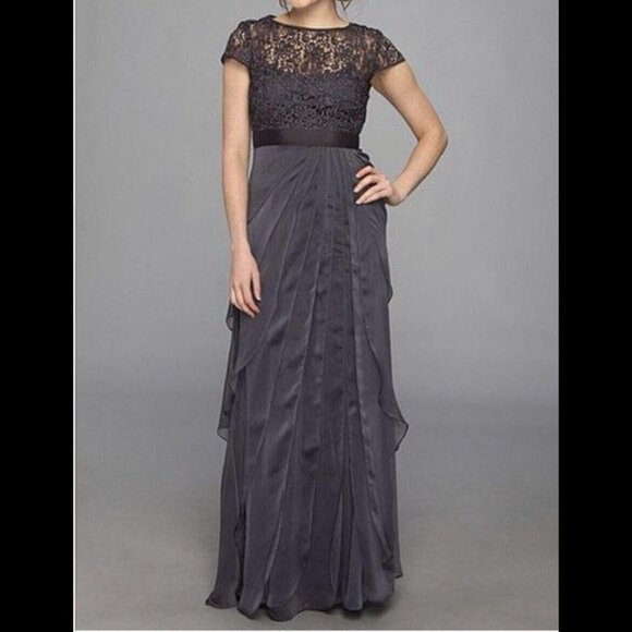 Adrianna Papell Lace Bodice Flutter Chiffon Cap Sleeve Gown Charcoal/Blue 8